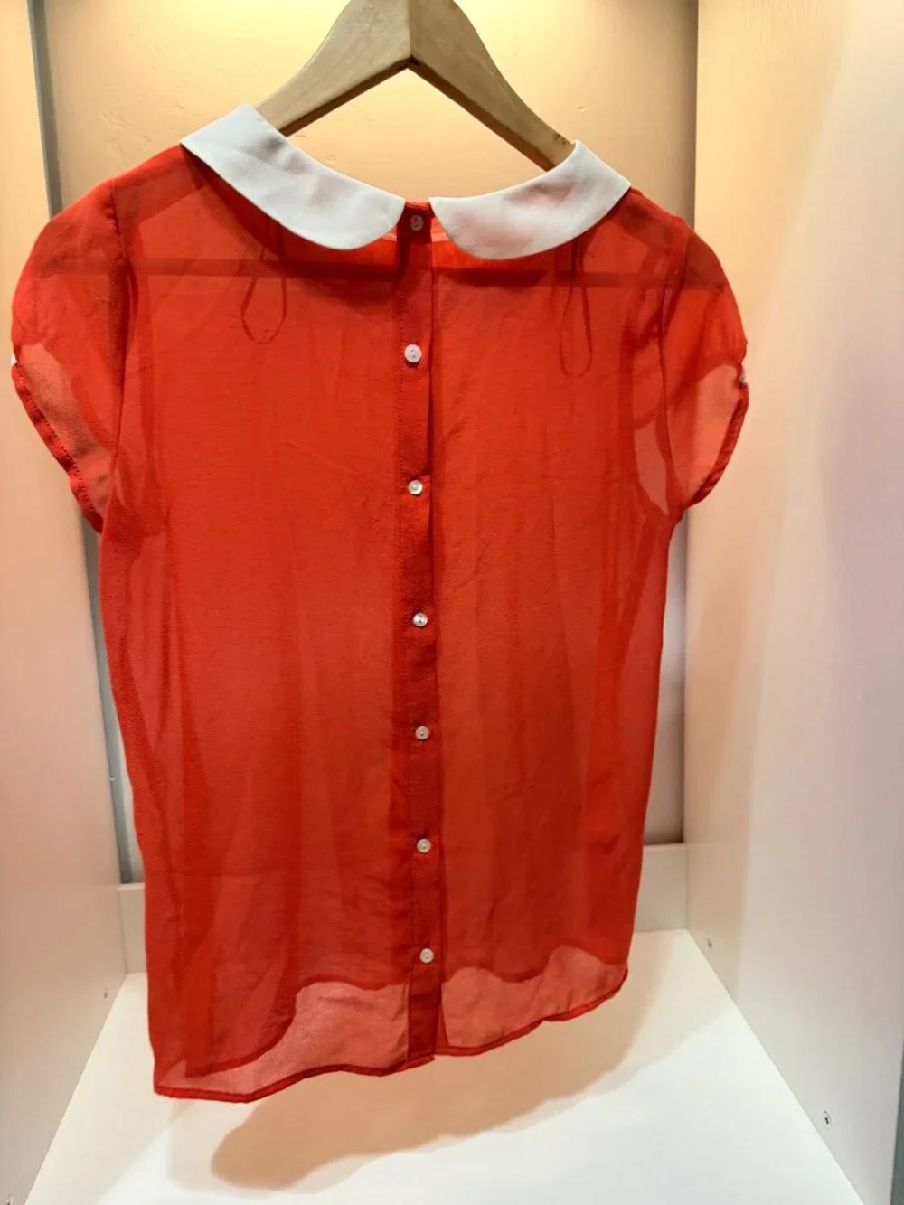 ZARA Sheer Chiffon Blouse with White Peter Pan Collar - Coral Red/Orange - S